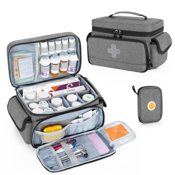 CURMIO First Aid Bag Medicine Storage Box First Aid Kit with Medicine Pouch, Gray