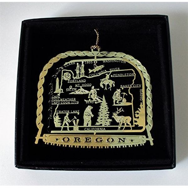 Oregon State Brass Ornament Black Gift Box Personalize with Year Charm