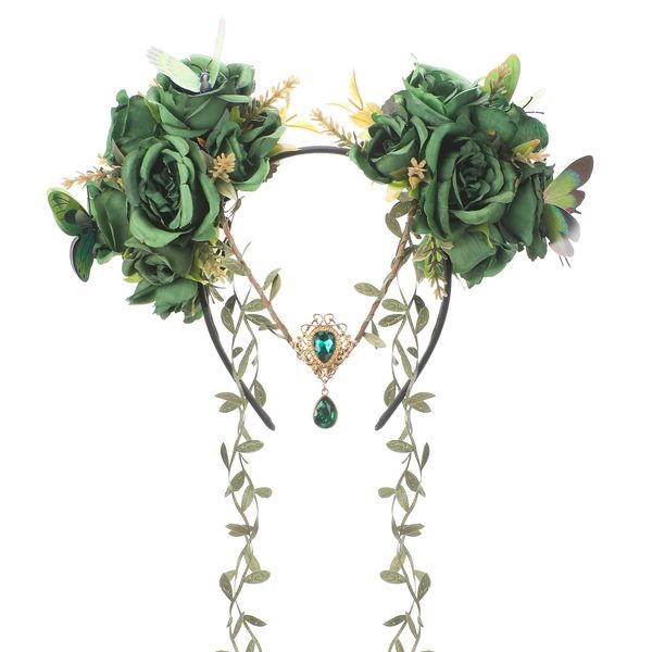 MOSTORY Green Fairy Flower Headpiece - Elf Crown Woodland Floral Headband with Butterfly Forest Fairy Costume for Women Renaissance Renfaire Halloween Cosplay Fantasy Accessory