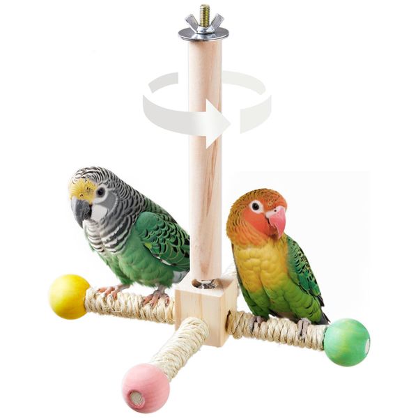 Bird Stand Perch Toy, Interactive Spinning Parakeet Toys, Wooden Exercise Wheel Parrot Toys, Enrichment Cockatiel Toys for Bird Cage, Bird Cage Accessories Perch Toy for Parakeets, Budgies, Lovebirds