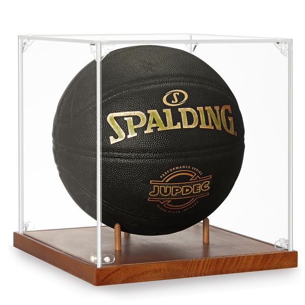 JupDec Basketball Display Case Acrylic Clear 10" Full Size with Solid Wood Base, UV Protected Soccer Display Stand Box for Autographed Standard NBA WNBA Ball Memorabilia Keepsake Ideal Gift Athlete