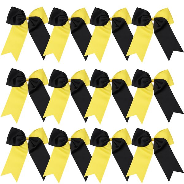 8 Inch 2 Colors Jumbo Cheerleader Bows Ponytail Holder Cheerleading Bows Hair 12 Pcs (Yellow/Black)