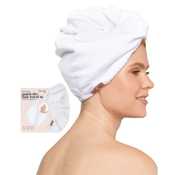 Kitsch Microfiber Hair Towel Wrap - Quick Dry Curly Hair Wraps for Women Wet Hair | Microfiber Towel for Hair | Hair Drying Towel Wrap | Hair Towels for Women | Hair Turban for Wet Hair (White)