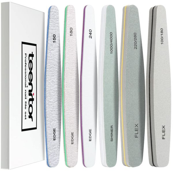 Teenitor Nail File Set Professional Nail Buffer Nail File for Nail Polish Gel Nail 150 180 240 100/180 200/280 1000/4000 Grit 6 Pcs