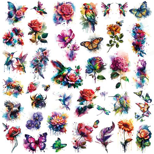 Casciybo Watercolor Flower Butterfly Hummingbird 14 Sheets 3D Temporary Tattoos For Women Girls-Colorful Realistic Long Lasting Fake Tattoo Stickers Waterproof Tattoos For Women Adult Body Art
