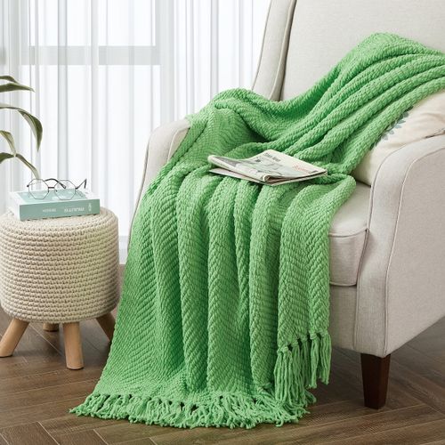 BYTIDE Throw Blanket for Couch Soft Knitted Textured Couch Cover Green Tweed Blanket with Fringe Tassel for Home Décor Bed Sofa Chair, 50" x 60", Green Eyes