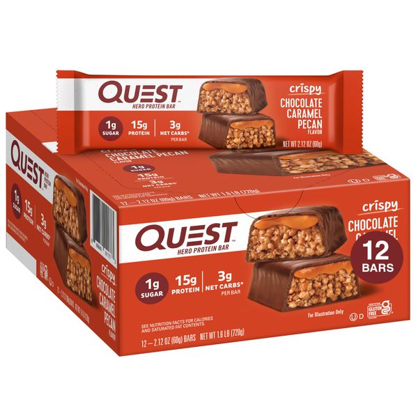 Quest Nutrition Crispy Chocolate Caramel Pecan Hero Protein Bar, 15g Protein, 1g Sugar, 3g Net Carb, Gluten Free, Keto Friendly, 12 Count