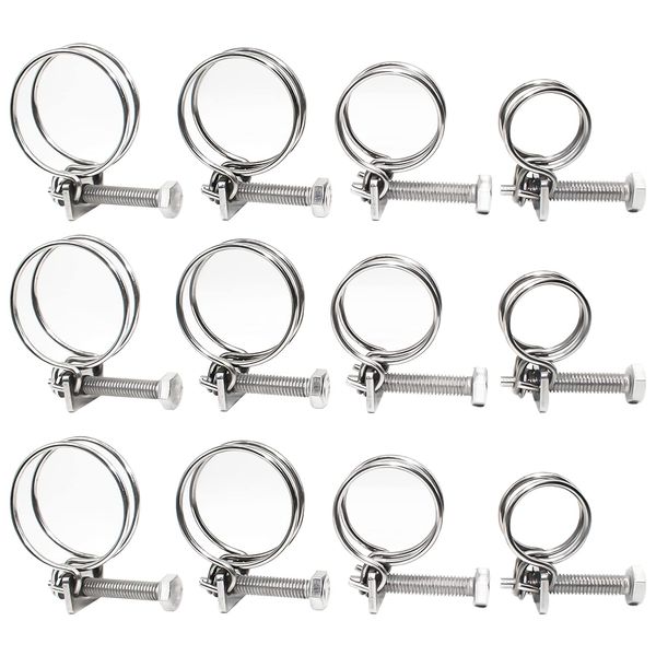 GIAK Double Wire Hose Clips Adjustable 304 Stainless Steel Hose Clamps 12PCS Double Wire Pond Hose Clips 4 Sizes Plumbing Fastener for 20 mm 25 mm 32 mm 36 mm Pipeline