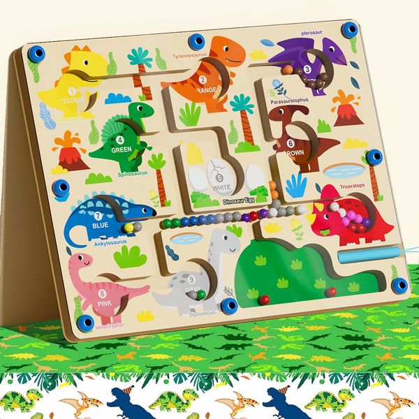 Wooden Color and Number Magnetic Maze, Preschoolers Counting Matching Learning Puzzle Board, Dinosaur Magnet Maze Game, Fine Motor Skills Learning Toys Gifts for Toddlers Boys Girls 3 4 5 Years Old