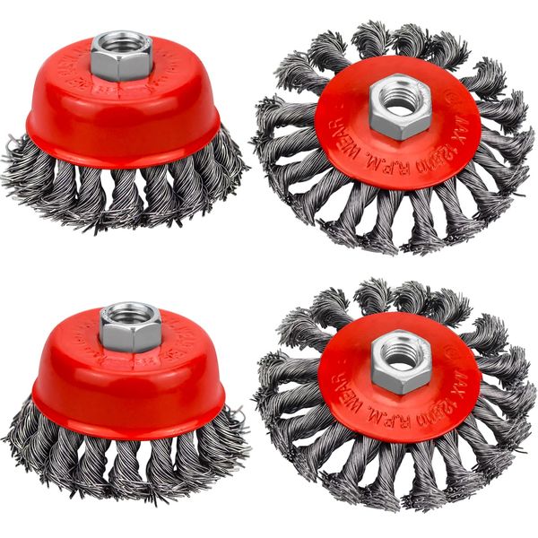 LUOCAI 4 Pcs Twist Knot Wire Brush Set Angle Grinder Wheel Brush Fit for 115mm Angle Grinder Crimped Wire Wheel for Paint, Rust Removal, Weld Cleaning, Rough Surface Treatment