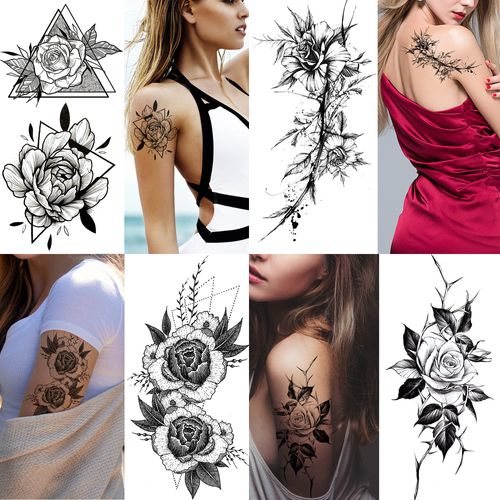 Tatuaggi Temporanei Adulti Donna Inchiostro Tatuaggi Finti Bambini Tattoo Sticker Fiori Festa Crea Adesivi Piccoli, 4 Fogli Tatuaggio Fiore Nero + 4 Fogli Di Tatuaggi In Pelle Di Metallo
