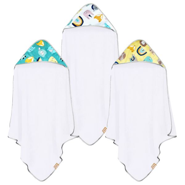 CORAL DOCK 3 Pack Baby Hooded Bath Towel Sets, Ultra Absorbent Baby Essentials Item for Newborn Boy Girl, Baby Bath Shower Towel Gifts for Infant and Toddler - Animal World Elephant