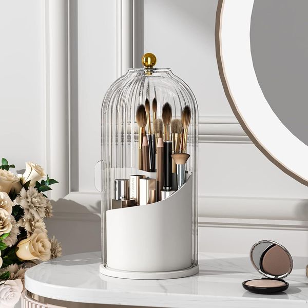 Epzia Makeup Brush Holder 360 Rotatable Transparent Dustproof Makeup Organizer with Lid for Dressing Table Desk and Bathroom Cosmetic Brush Storage