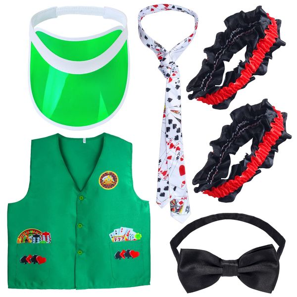 Yewong Casino Dealer Vest Set Dealer Visors Hat Bowtie Playing Card Tie Armband for Las Vegas Birthday Game Night Party Favors Supplies