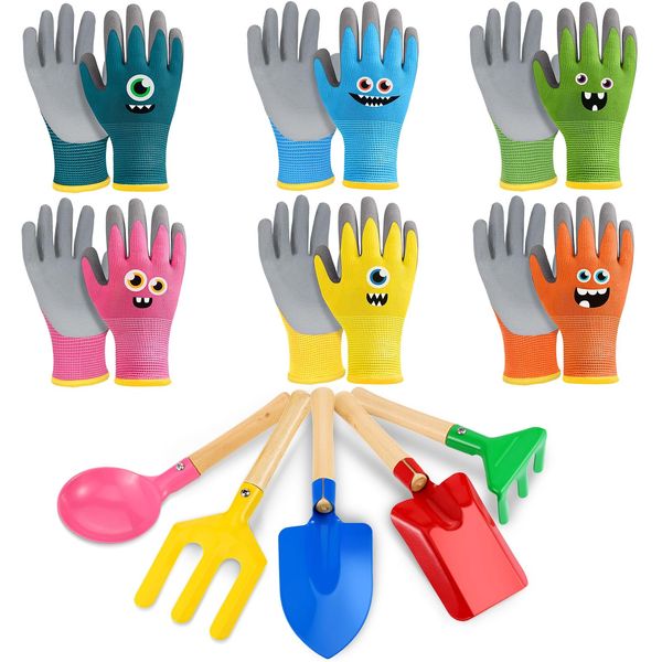 Kids Gardening Tools Set Gardening Gloves Children Beach Sand Toys Metal Kids Yard Tools with Sturdy Wooden Handle Safe Kids Play Tools Gifts (Small (Age 3-5))