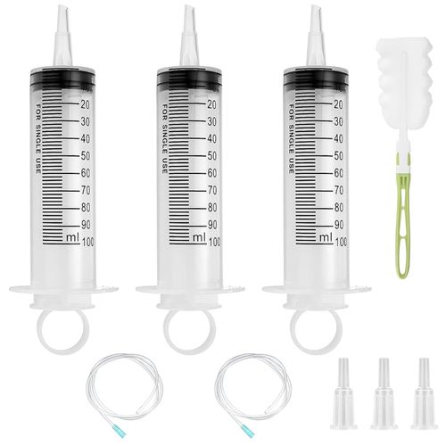 GOLDEROC 3 Syringes 100 ml with Hose, 1 Bottle Brush, Oil Syringe Dosing Syringe Made of Plastic, Reusable Plastic Syringe for Laboratory, Garden, Pet Food and Industry
