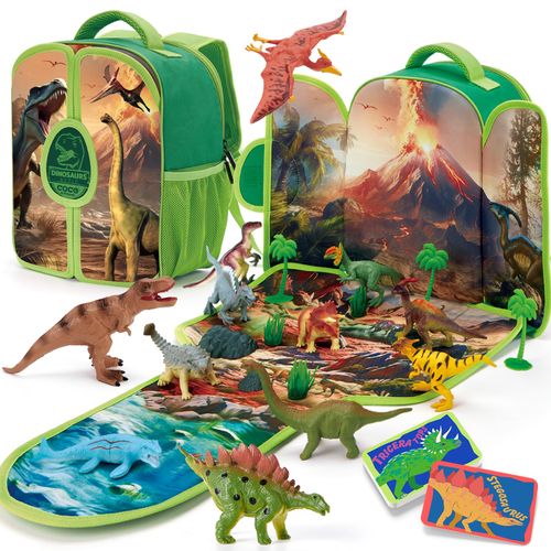 COCO&Friends Dinosaur Toys for Kids 3-5 - Portable Dinosaur Backpack Play Set with Foldable 3D Mat for Pretend Play - 3 Year Old Boy Open Ended Toys for 4 Year Old Boys Christmas Birthday Gifts
