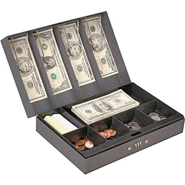 Rocky Mountain Goods Cash Box with Money Tray Combination Lock - 4 Spring loaded bill clips - Six compartment tray for change - Customizable lock - Safety lock durable welded steel