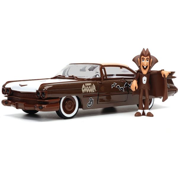 Jada 1959 Cadillac Coupe DeVille Brown and White with Graphics and Count Chocula Diecast Figurine Hollywood Rides Series 1/24 Diecast Model Car