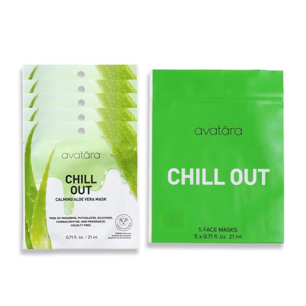 Avatara - Chill Out Sheet Facial Mask, Hydrating Mask, Sheet Masks with Aloe Vera Leaf Juice and Ginkgo Biloba, Face Mask Skincare Made with Tencel Fibers, Paraben-Free, Stressed-Out Skin, 5 Sheets