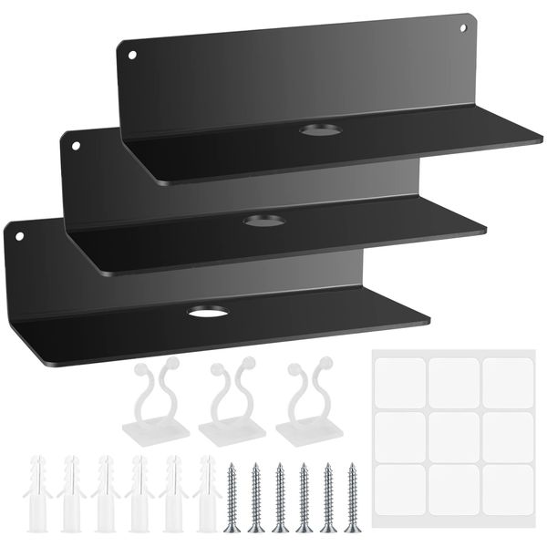 OIJOIYOI 3 Pcs Acrylic Floating Shelves, Wall Mounted Display Shelf Self Adhesive, Wall Storage Shelves for Bathroom Office Picture Ledge Book Plant Speaker, with Cable Clips, Stickers, Screws, Black