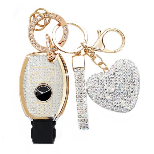 Simocky Key Fob Cover with Diamond Keychain for Mercedes Benz Car Key Shell Compatible with Mercedes Benz C E M S CLS CLA GLK GLA GLC GLE AMG Class Remote Key for Women (3 Buttons-Silver Heart)