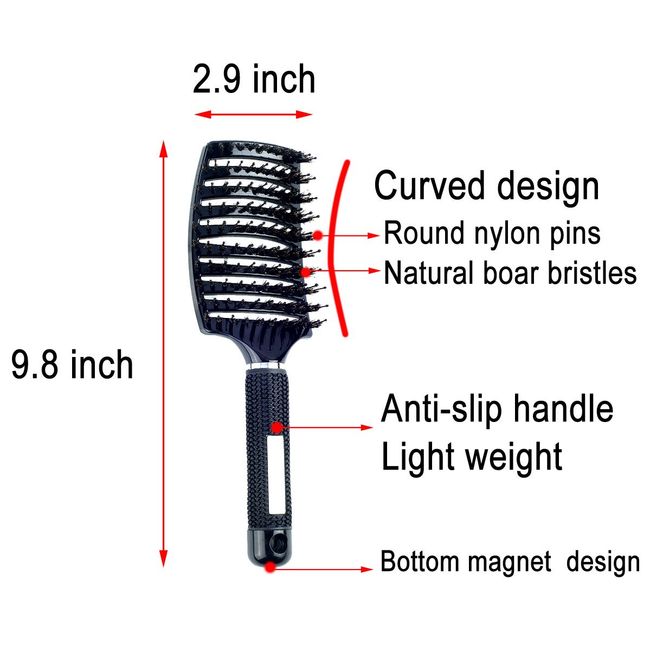 PERFEHAIR Natural Boar Bristle Hair Brush - Curved Vented Detangling Blow Dry Brush for Women Long, Thick, Thin, Curly Hair