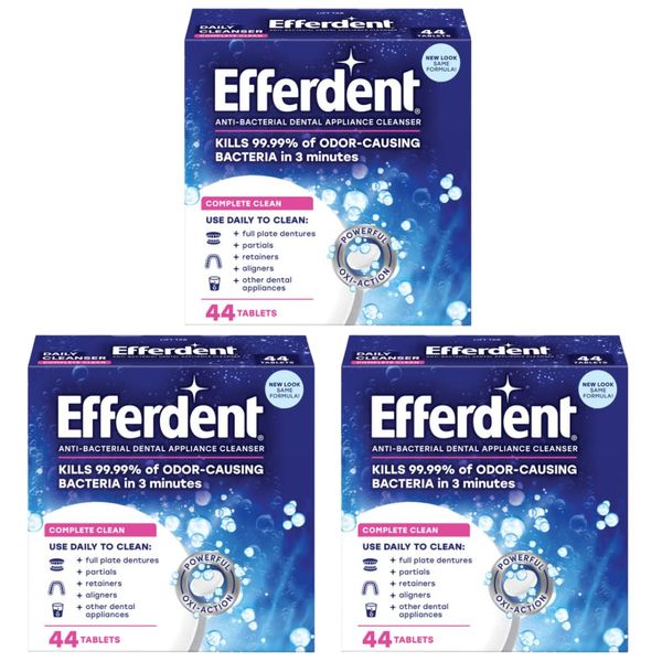 Efferdent Retainer & Denture Cleaner Tablets, Complete Clean, 44 Count, (Pack of 3)