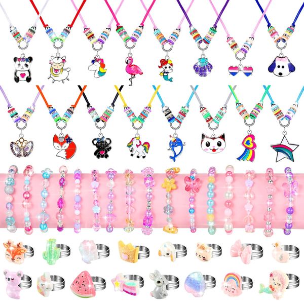 48 Pieces Girls Jewelry Set Adjustable Bracelets Necklaces and Rings Set Pretend Dress up Play Jewelry Birthday Party Favors Gifts for Little Girls Kids Toddler Child (Fresh Style)