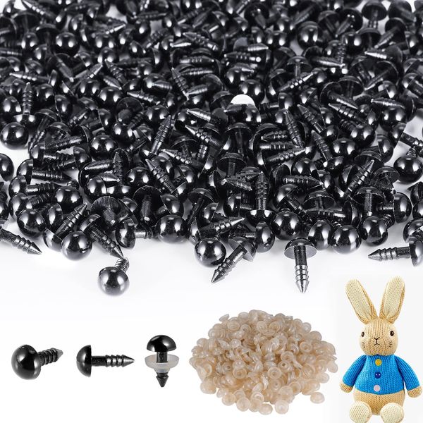 FINEASY 300pcs Safety Eyes for Crochet Toys with Washer, Black Plastic Doll Eyes for Soft Toy Making, Safety Eyes for Amigurumi for Teddy Bear DIY Stuffed Push Animal Craft (8mm)