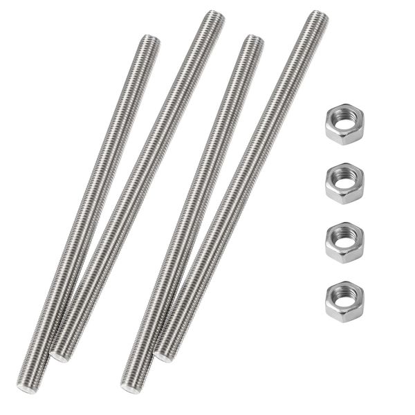 HiPicco M5 x 200mm Fully Threaded Rod & Studs, 304 Stainless Steel Right Hand Threads Rods, M5-0.8 Thread Pitch for Anchor Bolts, Clamps, Hangers and U-Bolts 4 Pack【with Nuts】