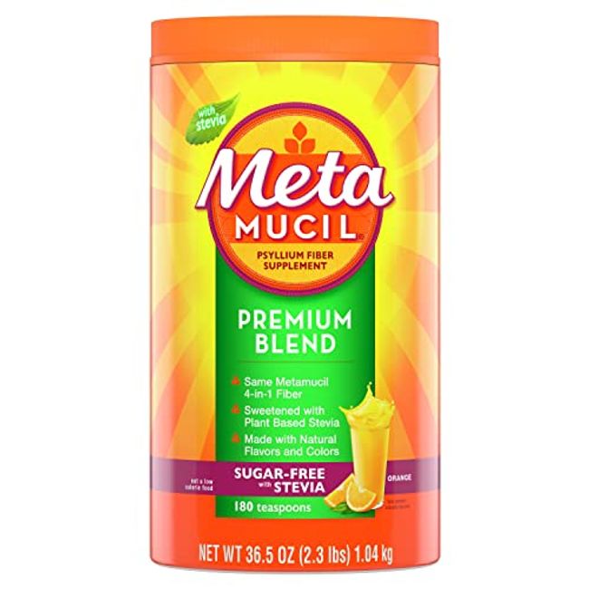 Metamucil Premium Blend, Fiber Supplement, Natural Psyllium Husk Powder, Plant Based, Sugar-Free with Stevia, 4-in-1 Fiber for Digestive Health, Orange Flavored, 180 teaspoons (36.5 OZ Fiber Powder)