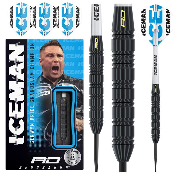 RED DRAGON Gerwyn Price Iceman Darts Set - 22 Gramm Brass Steeltip Dartpfeile with Flights and Shafts (Stems)