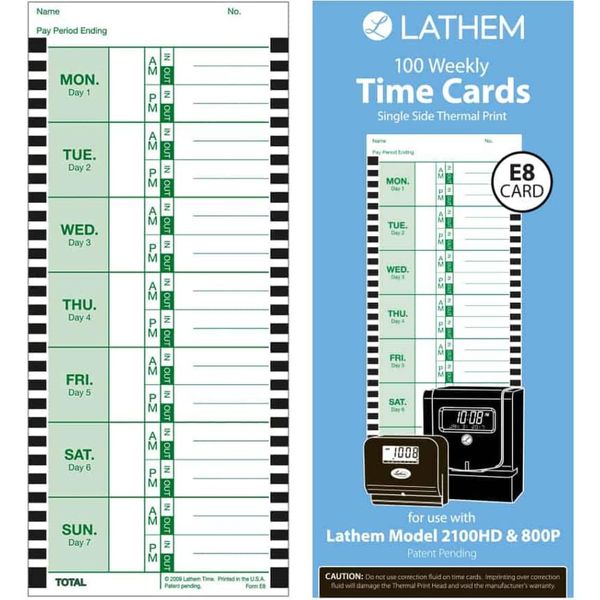 Lathem E8100 Time Clock Cards, For use with 800P Time Clock, One Sided, 4" x 9", 100 per Pack