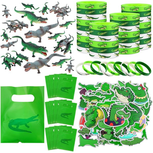 Leyndo 122 Pcs Crocodile Party Favors Gift Set Reptile Party Supplies Crocodile Birthday Party Supplies Reptile Party Favors Crocodile Silicone Wristbands Stickers Toy Bag for Reptile Party Supplies