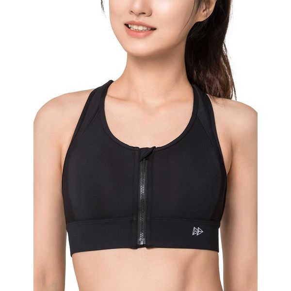 Ivet Sports Bra, Non-Shaking, Underarm Height, Front Opening, Sweat Absorbent, Quick Drying, Large Size, High Support, Built-In Molded Cup, Zipper, Women's Sports Bra, Training, Gym, Sports Bra, Black