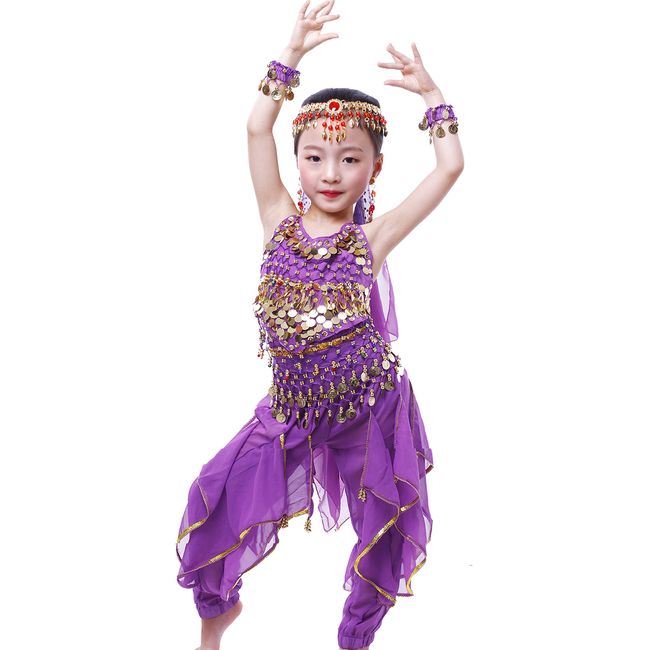 Astage Girls Oriental Belly Dance Sets All Accessories Purple L(Fits 9-11 Years)