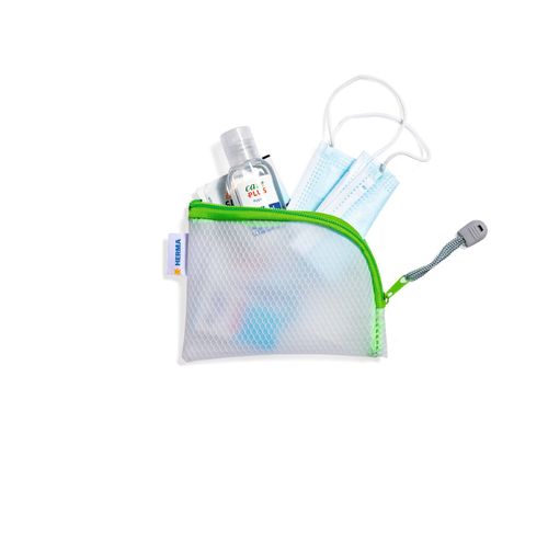 HERMA 20251 Zipped Travel Case A7 Transparent (14 x 10 cm) Small Lockable Clear Pocket with Zipper for Mobile Phone, Charging Cable, Cosmetics, Pens, Keys, Toiletry Bag in Green