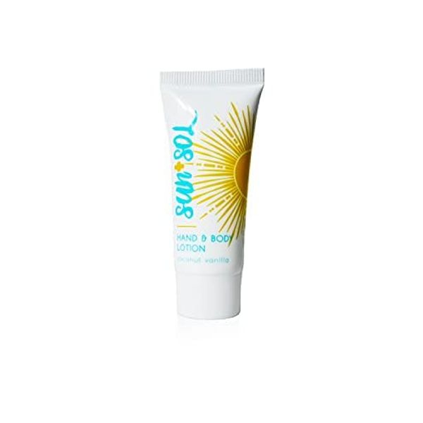 Sun + Sol Luxurious Hand & Body Lotion With Warm Coconut & Vanilla Fragrances, Travel Size Toiletries, Mini Hotel Amenities