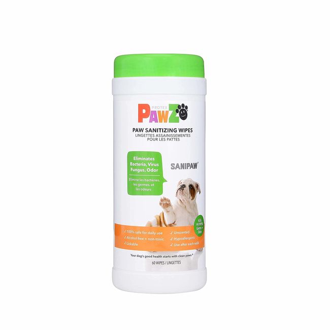 Protex PawZ SaniPaw Odor Eliminating Dog Paw Wipes (60 Wipes) Cleansing Dog Grooming Wipes, Simple & Safe Lickable Ingredients - Paw Cleaner for Dogs, Pet Wipes