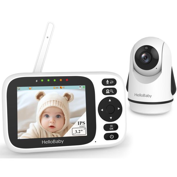 HelloBaby Baby Monitor with 3.2'' IPS Screen - Baby Camera Monitor with Remote Pan-Tilt-Zoom Camera No WiFi, Infrared Night Vision, 1000ft Wireless Connection