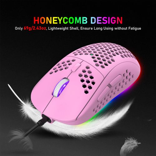 CROSS ZEBRA RGB Honeycomb Lightweight Gaming Mouse, 6 Programmable Buttons, 6 RGB Backlight Modes & 6400 DPI Adjustable, USB Wired, Plug & Play, Compatible with Windows, Mac, Laptop, PS4, XBox - Pink