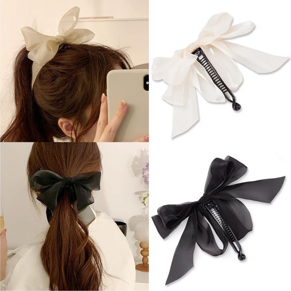 NICENEEDED 2 PCS Bowknot Banana Hair Clips, French Updo Ribbon Bow Banana Clips Hair Claws Barrette, Double Sided Grip Ponytail Holder Big Bow Tie Headdress for Women Girls