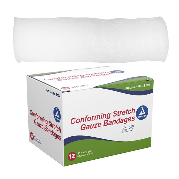 Dynarex 3104 Non-Sterile Stretch Gauze Bandage Roll, 4" x 4.1 yard, Pack of 12