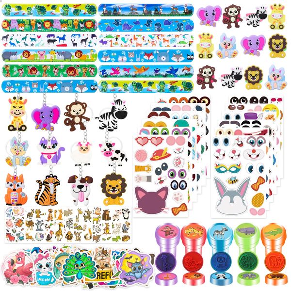 120pcs Jungle Safari Party Favors Set Stickers Keychains Rings Slap Bracelets Baby Shower Goodie Bag Fillers Jungle Safari Party Supplies Wild Theme Party Favors for Kids