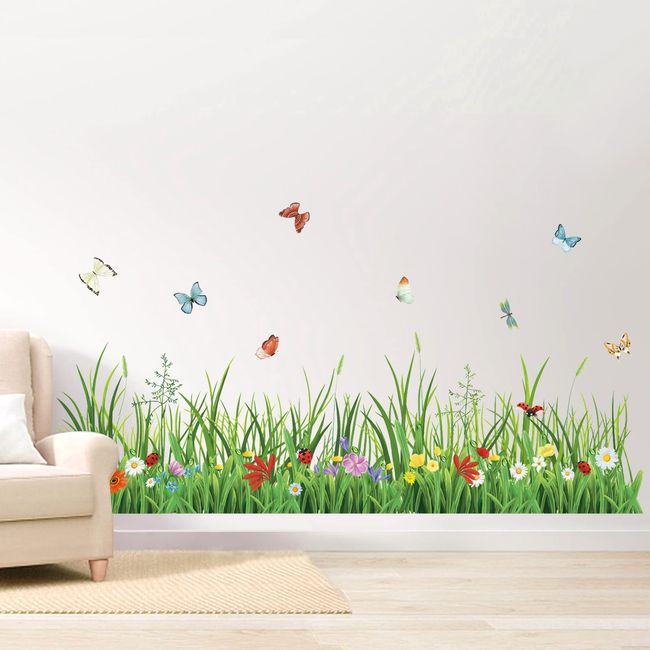 wondever Wandtattoo Gras Blumenwiese 132 x 40cm (BxH) Wandaufkleber Gräser Grüne Bordüre Wandsticker Wanddeko für Wohnzimmer Schlafzimmer