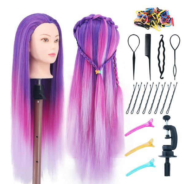 Mannequin Head with Hair, 29'' Manikin Head with hair Cosmetology Mannequin Head for Hair Styles Hairdressing Practice Training Doll Heads with Clamp Holder and Braiding Kit (Mixed Purple)