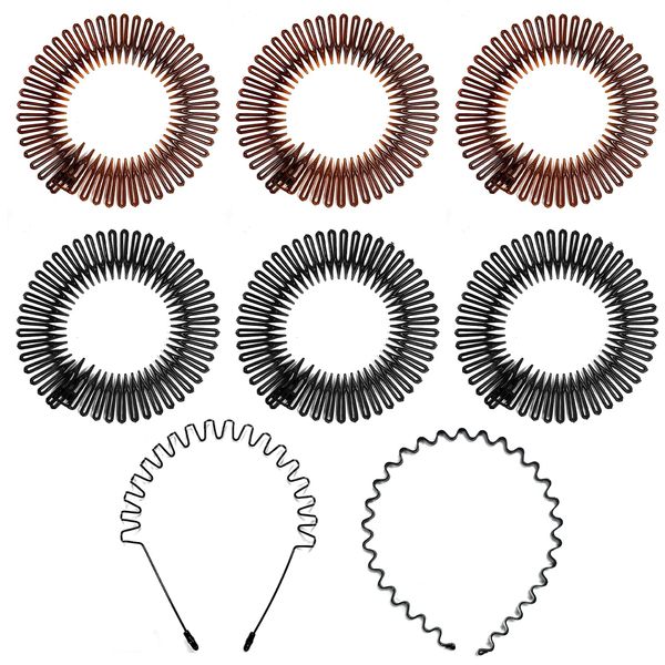 6 Stück Runde Stretch Haarbürste mit 2 Stück Wellige Haarbänder, Elastische Kunststoff Runde Haarbürste, Anti-Break, Langlebig, Zickzack Stirnband für Frauen, Mädchen (Schwarz, Braun)