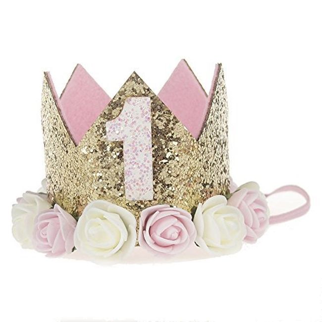 Haomaomao Baby Birthday Crown Kids Party Hat Princess Gold Sparkly Artificial Rose Flower Tiara First Birthday Photo Props Decorations