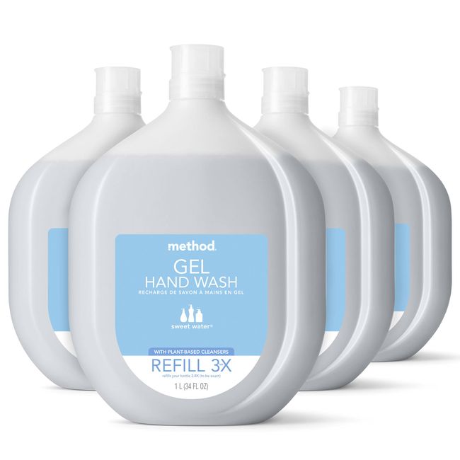 Method Gel Hand Soap Refill, Sweet Water, Recyclable Bottle, Biodegradable Formula, 34 oz (Pack of 4)